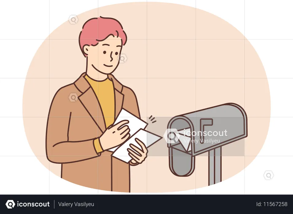 Smiling man put letters in letterbox  Illustration