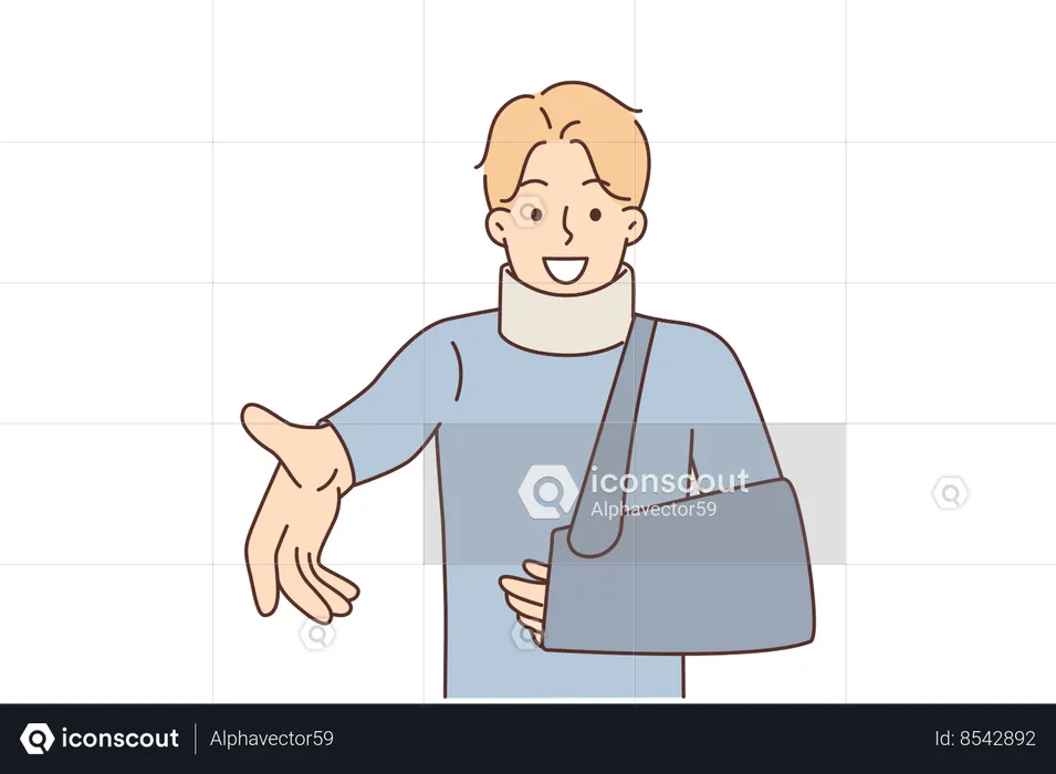Smiling man with broken arm and bandage around neck  Illustration