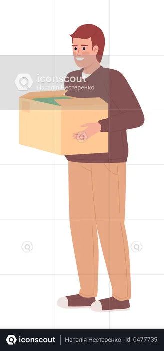 Smiling man with clothes in cardboard box  Illustration