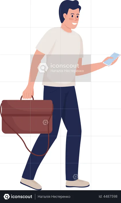 Smiling man with leather handbag and smartphone  Illustration