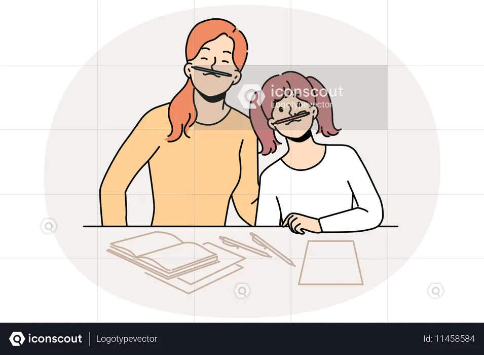 Smiling mother and daughter have fun doing homework  Illustration