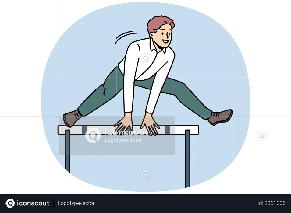 Smiling motivated businessman jumping over obstacle show problem solution  Illustration