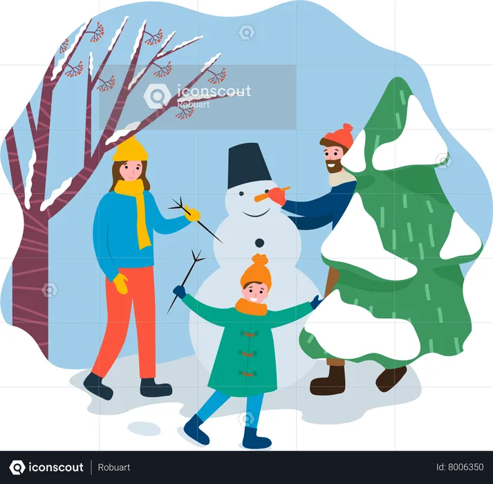 Smiling People Building Snowman in Park  Illustration