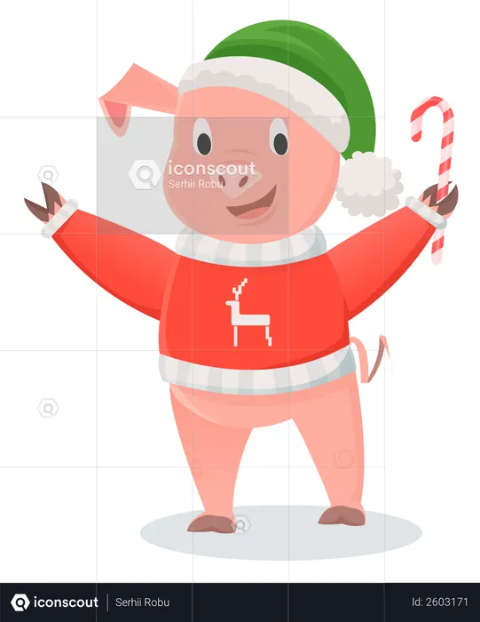 Smiling pig in red jersey holding candy stick  Illustration