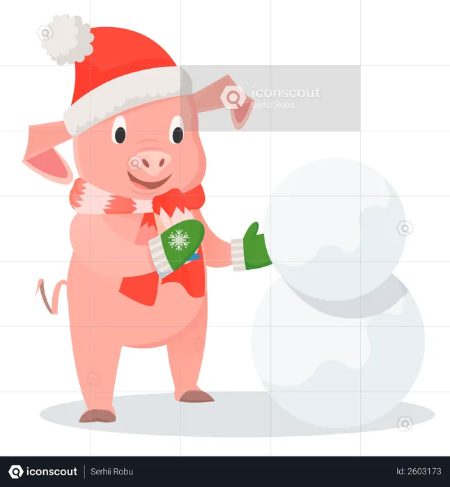 Smiling pig making a snowman  Illustration