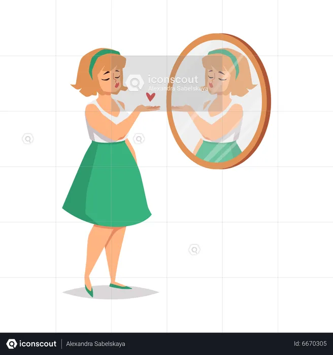 Smiling positive girl looks at her reflection  Illustration