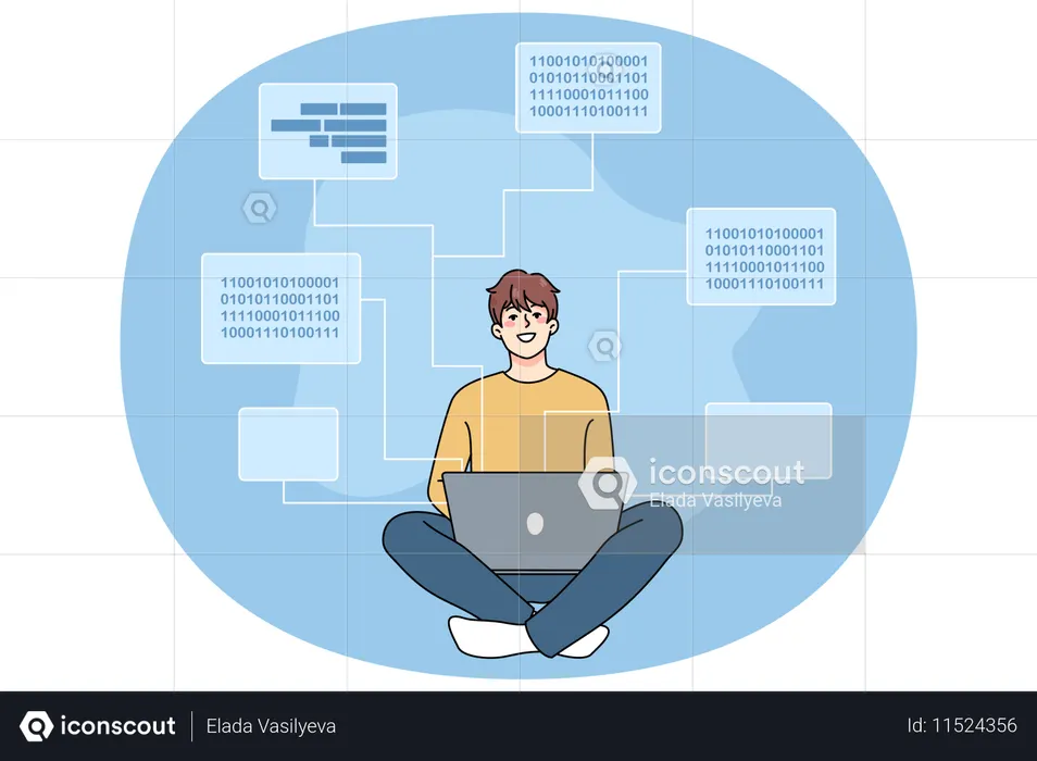 Smiling software engineer writing codes on computer  Illustration