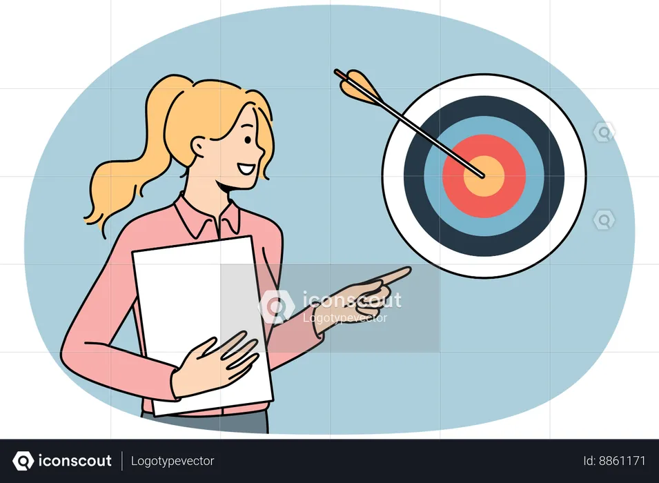 Smiling successful businesswoman posing near arrow reaching hitting target  Illustration