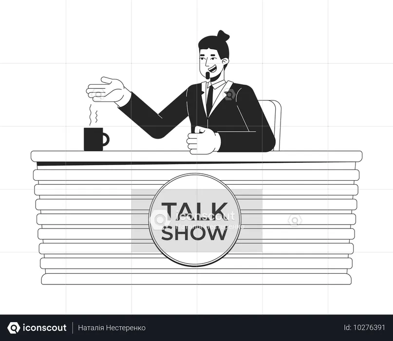 Smiling talk show host sitting at table  Illustration