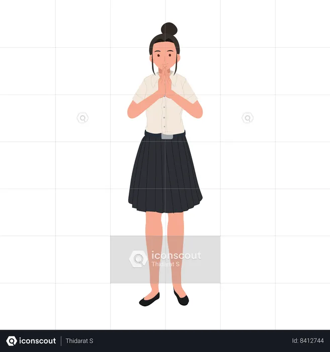 Smiling Thai University Student in uniform is Sawasdee  Illustration