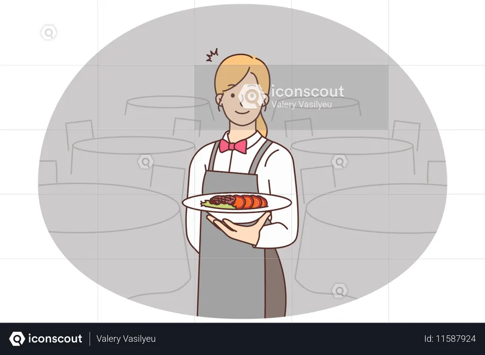 レストランで制服を着た笑顔のウェイトレスが食事を出している。  イラスト