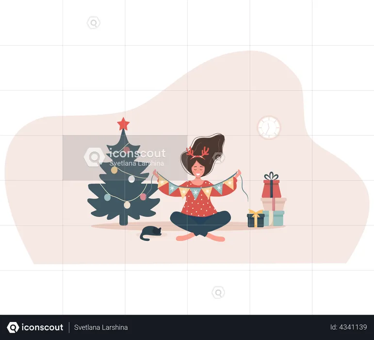 Smiling woman decorating Christmas tree. New year vintage postcard.  Illustration