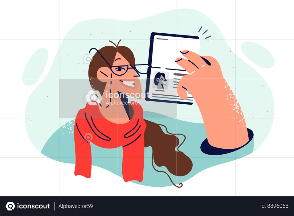 Smiling woman demonstrates passport for identification at bank or accessing financial application  Illustration