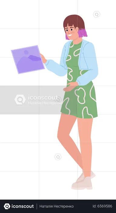 Smiling woman holding printed picture  Illustration