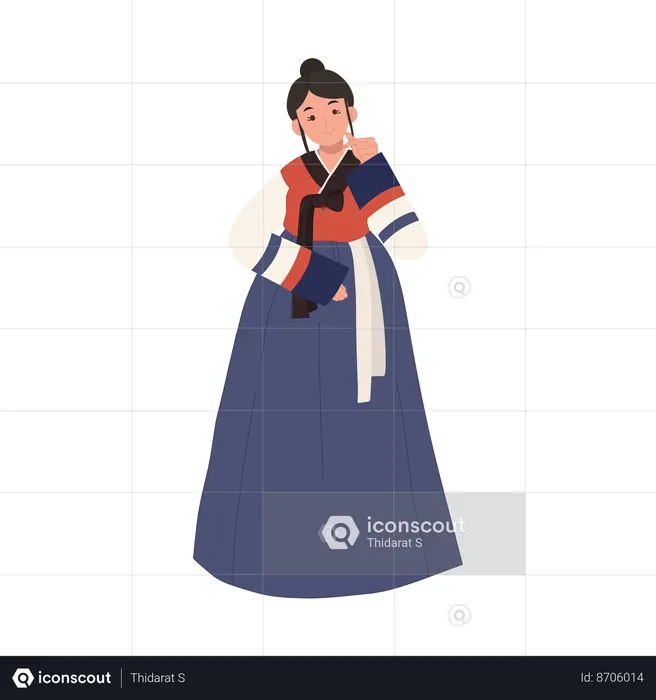 Smiling woman in traditional korean costume hanbok with mini heart hand pose  Illustration