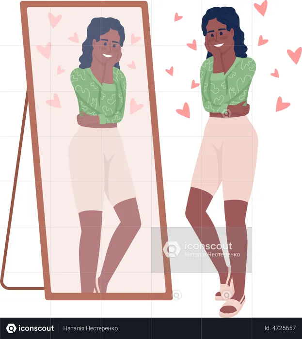 Smiling woman looking in mirror  Illustration