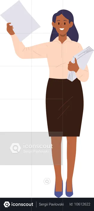 Smiling woman marketer character offering paper high quality  Illustration