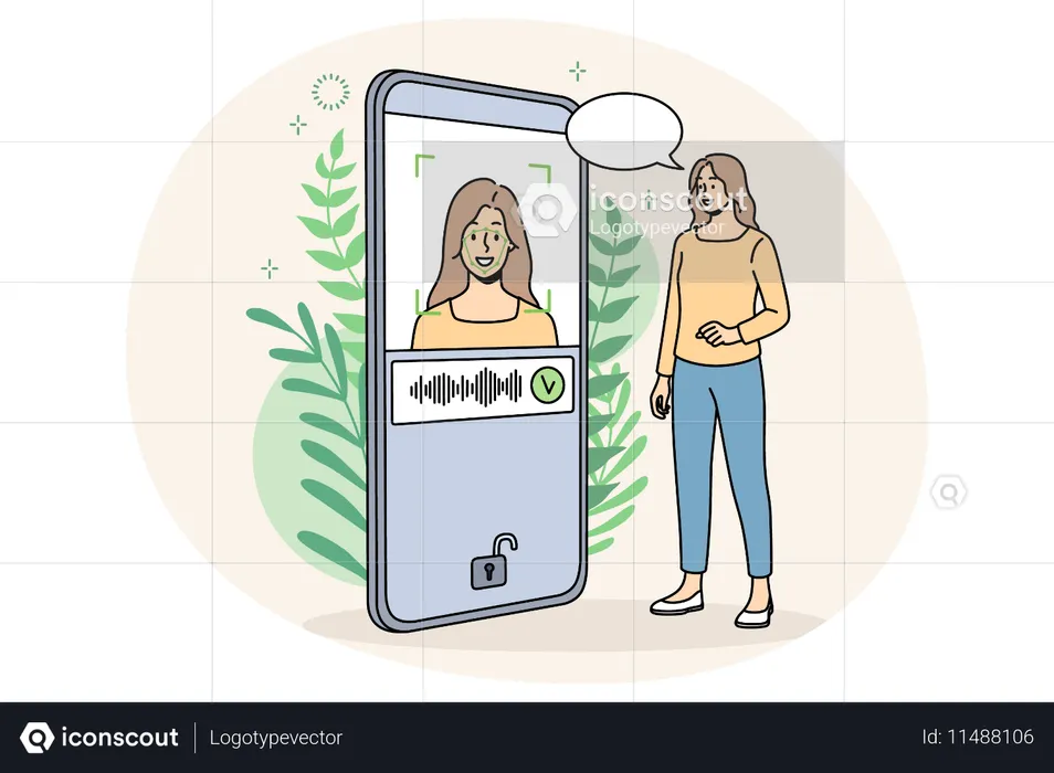 Smiling woman unlock mobile phone with face ID  Illustration