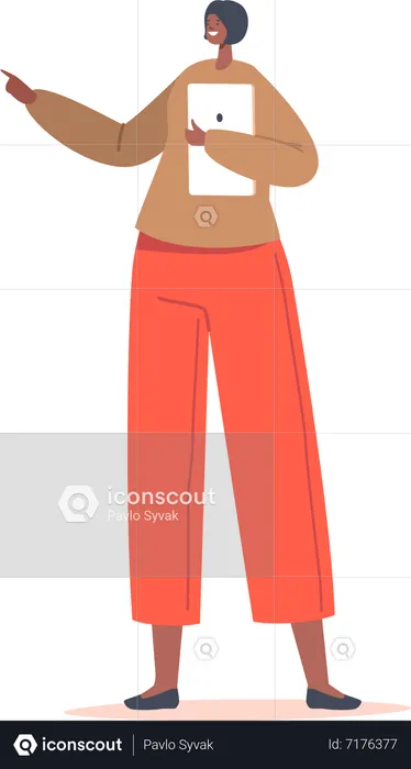Smiling Woman Using Tablet And Making Pointing Gesture  Illustration