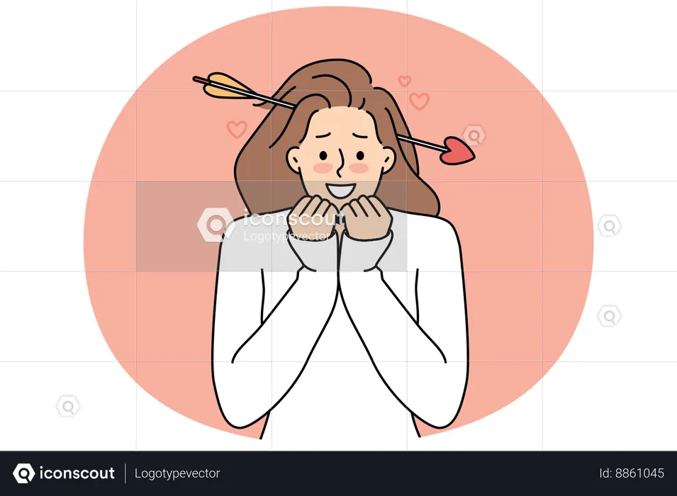 Smiling woman with cupid arrow in head  Illustration