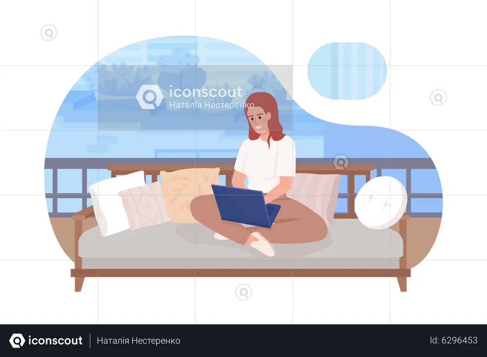 Smiling woman with laptop sitting on couch legs crossed  Illustration