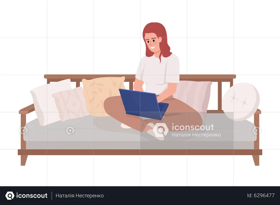 Smiling woman with laptop sitting on couch legs crossed  Illustration