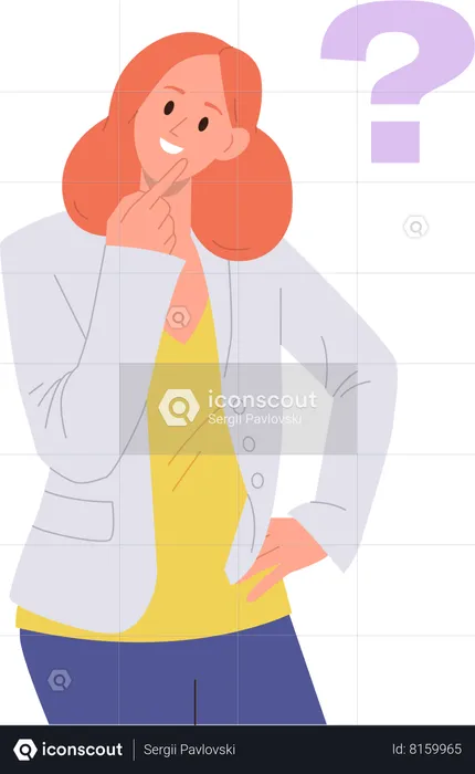 Smiling woman with question mark thinking  Illustration