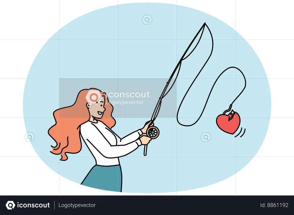 Smiling woman with rod heart on hook  Illustration