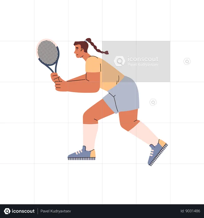 Smiling woman with tennis racket getting ready to hit ball  Illustration