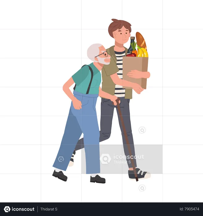Smiling Young man Helps Senior Grandfather Carry Grocery Bag  Illustration