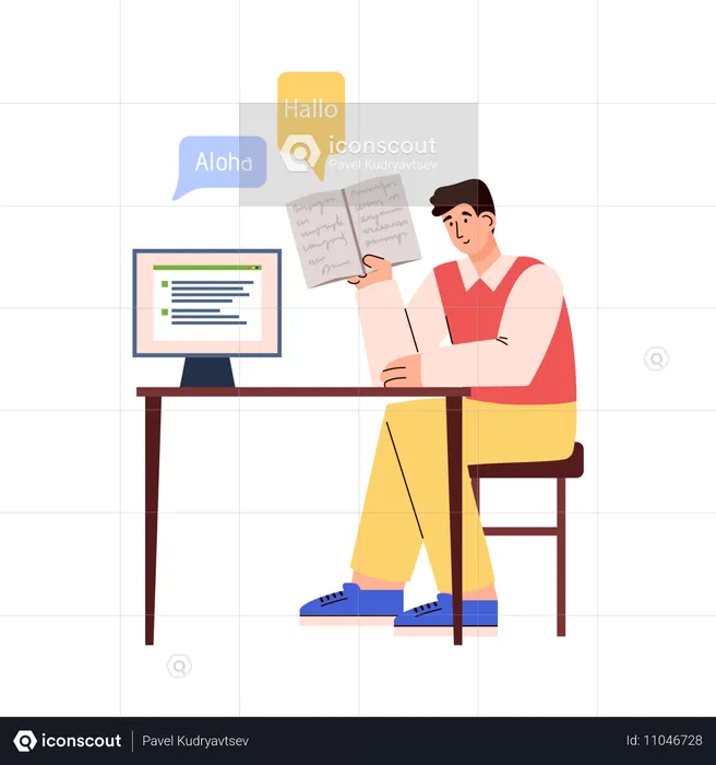 Smiling young man learning language online  Illustration