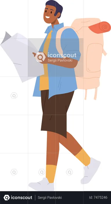 Smiling young man traveler with backpack holding paper map walking  Illustration