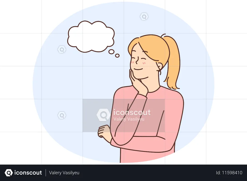 Smiling young woman with speech bubble above head thinking or making plans  Illustration
