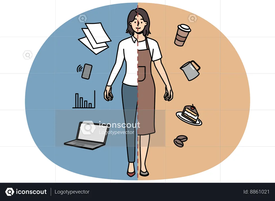 Smiling young woman with two occupation being waitress and office worker  Illustration