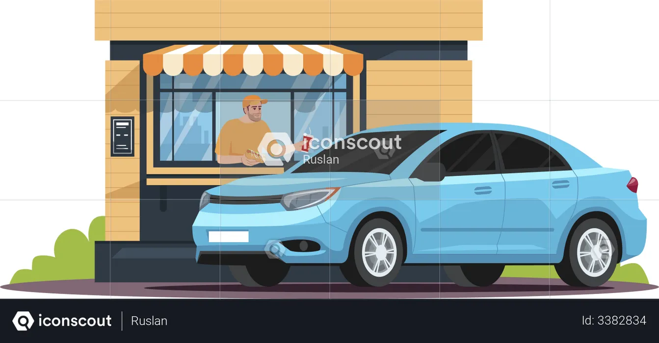 Snack bar attendant serving a car  Illustration
