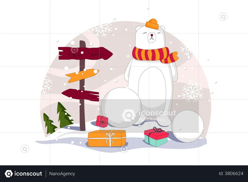Snow bear with Christmas gift  Illustration