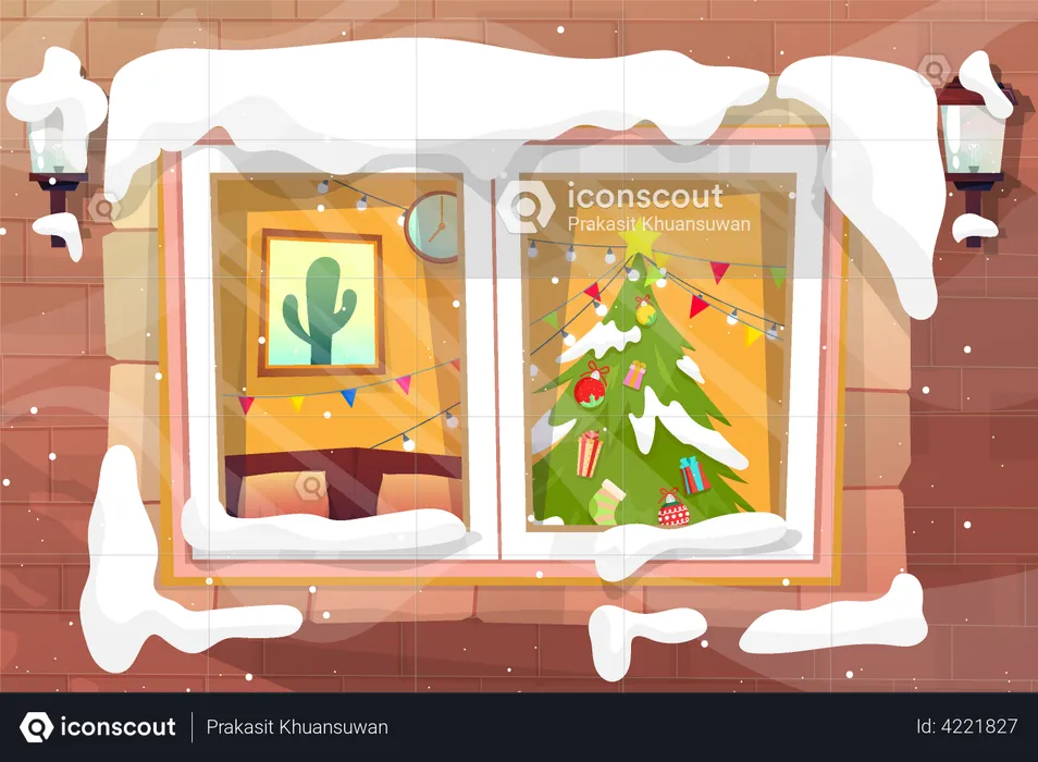 Snow cover glass window of house on winter season, Christmas tree was beautifully decorated inside the house. vector illustration  Illustration