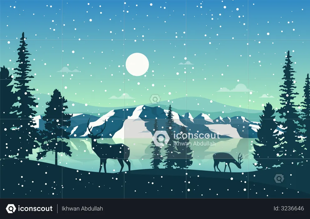 Snow Pine forest and Mountain Lake with Deer  Illustration