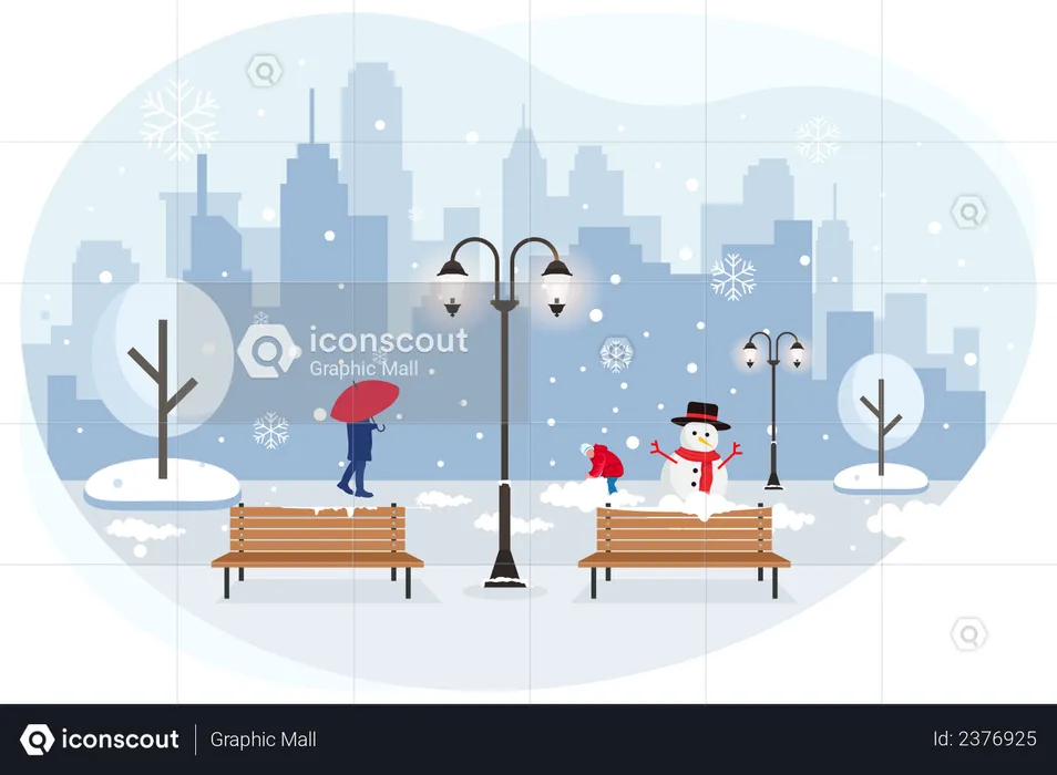 Snowfall in city  Illustration