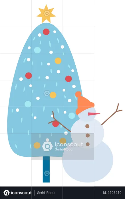 Snowman and Christmas Tree  Illustration