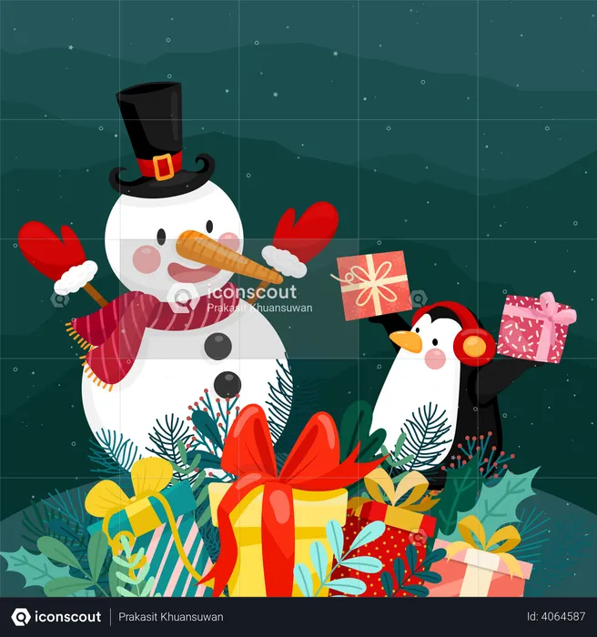 Snowman and penguin with gifts  Illustration