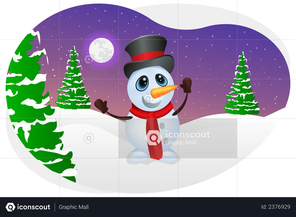 Snowman enjoying snowfall  Illustration