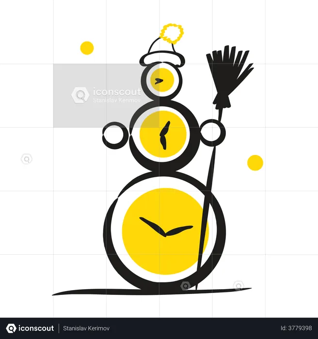 Snowman of clock holding broomstick  Illustration