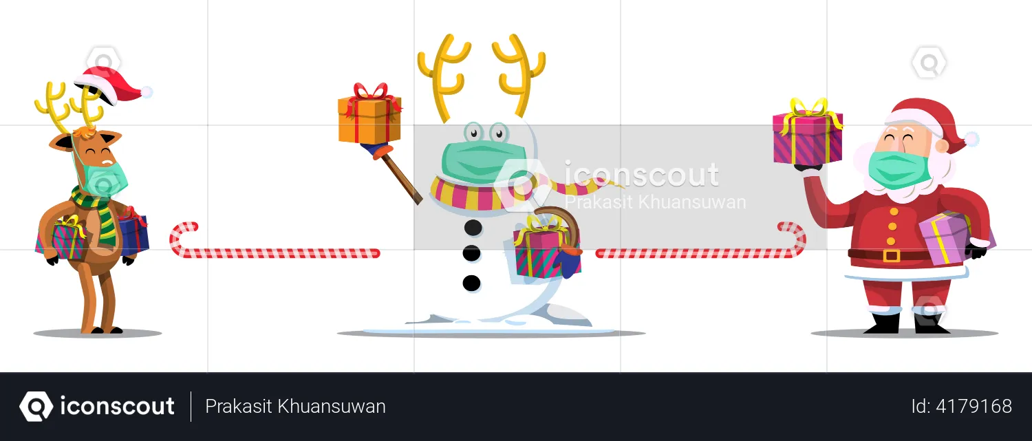 Snowman, reindeer and Santa with face masks maintaining social distancing  Illustration