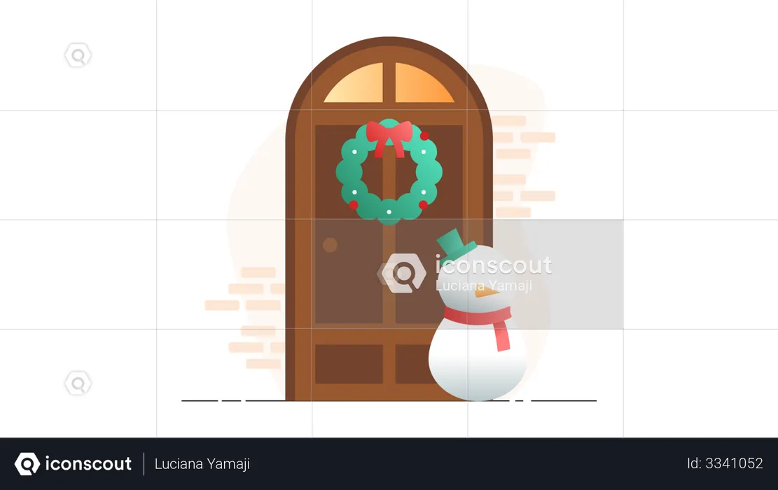Snowman standing front of Christmas Door  Illustration