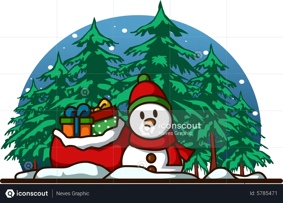 Snowman wearing scarf and hat with some gifts in the forest at Christmas  Illustration