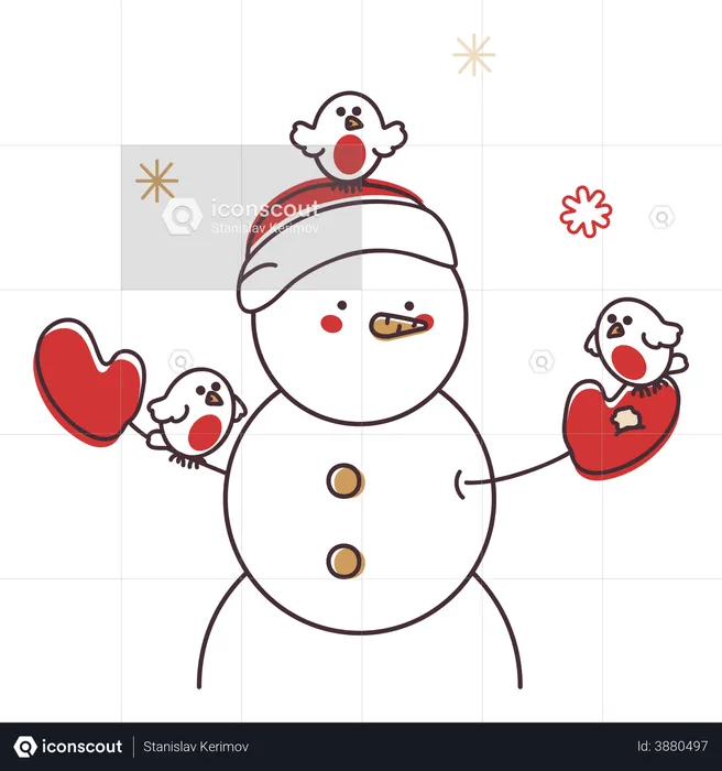 Snowman with birds  Illustration