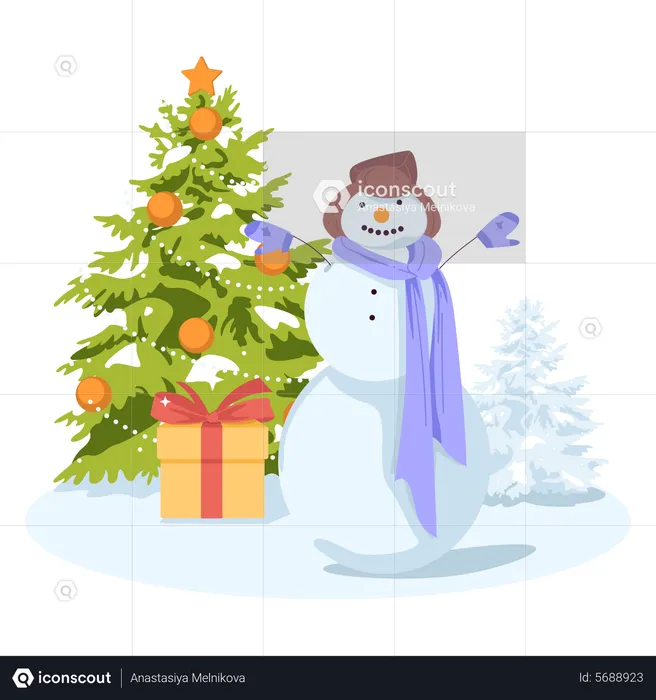 Snowman with christmas tree  Illustration