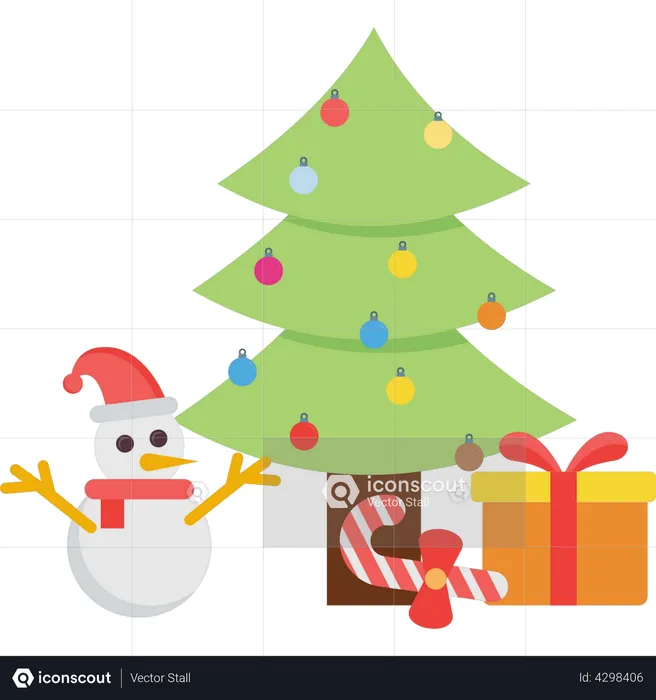 Snowman with christmas tree and gifts  Illustration