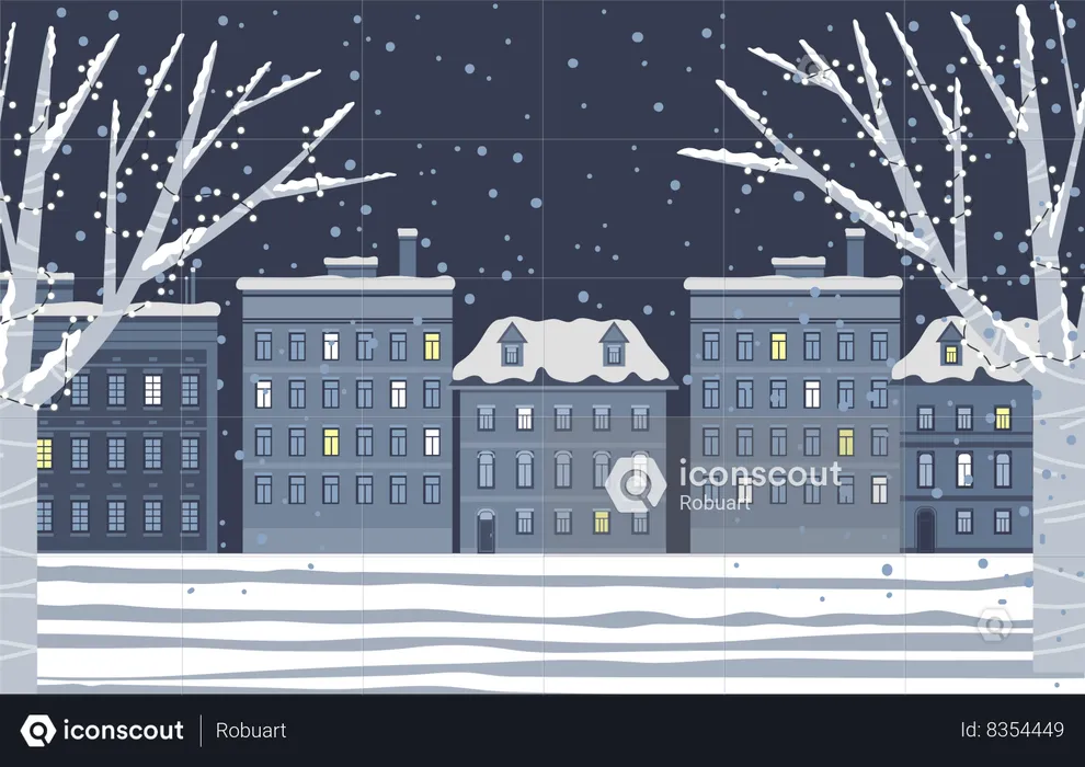Snowy City in Evening  Illustration